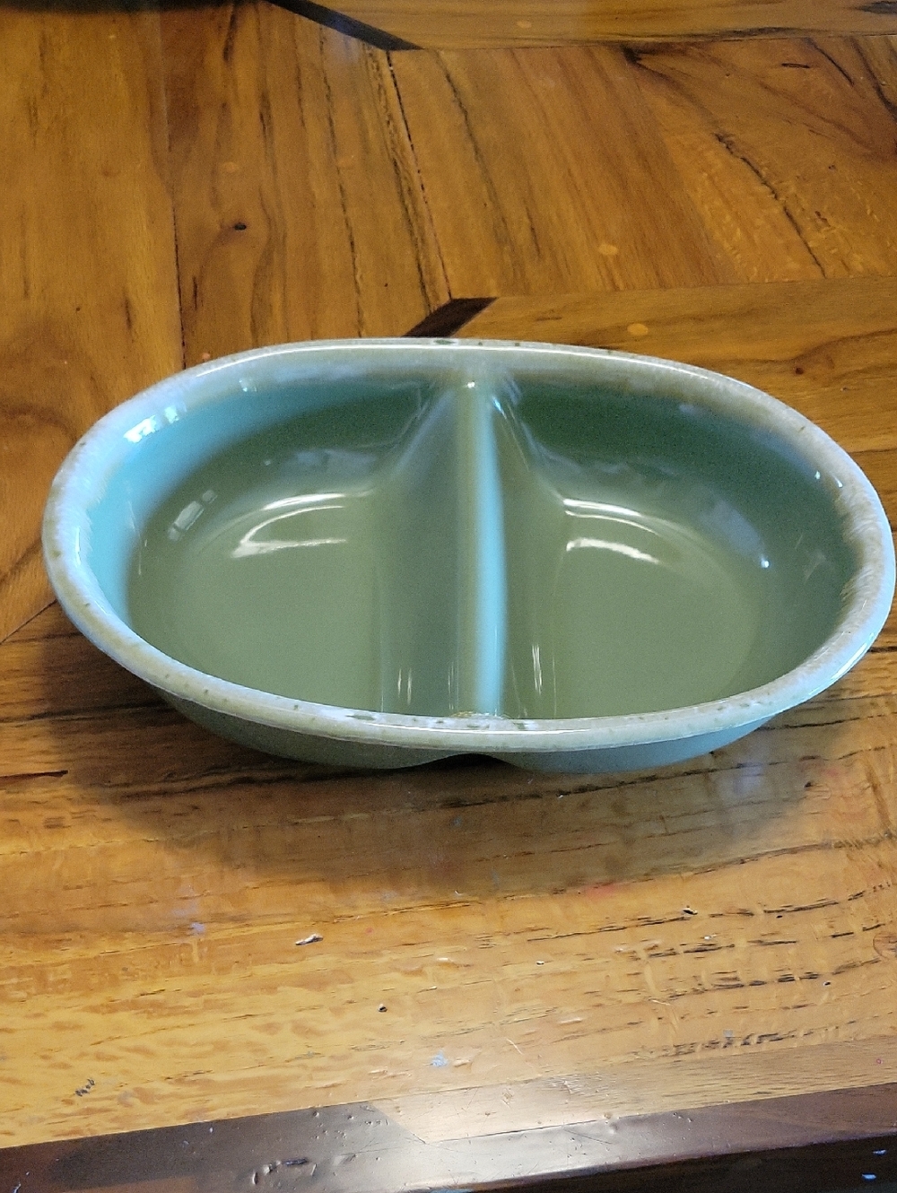 Mid-Century Hull Pottery Avocado Green Divided Serving Dish